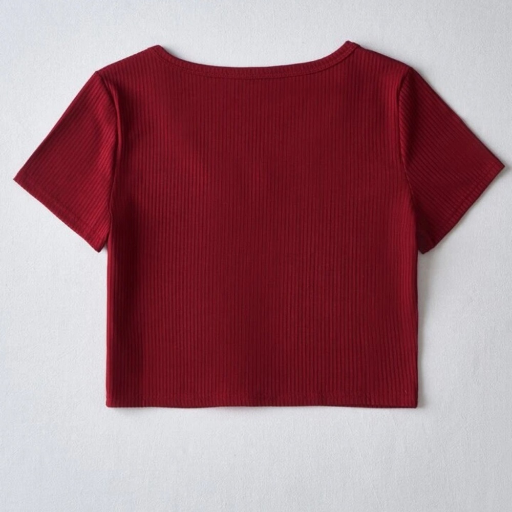 Button Front Rib-Knit Crop Tee - Picture 2 of 5
